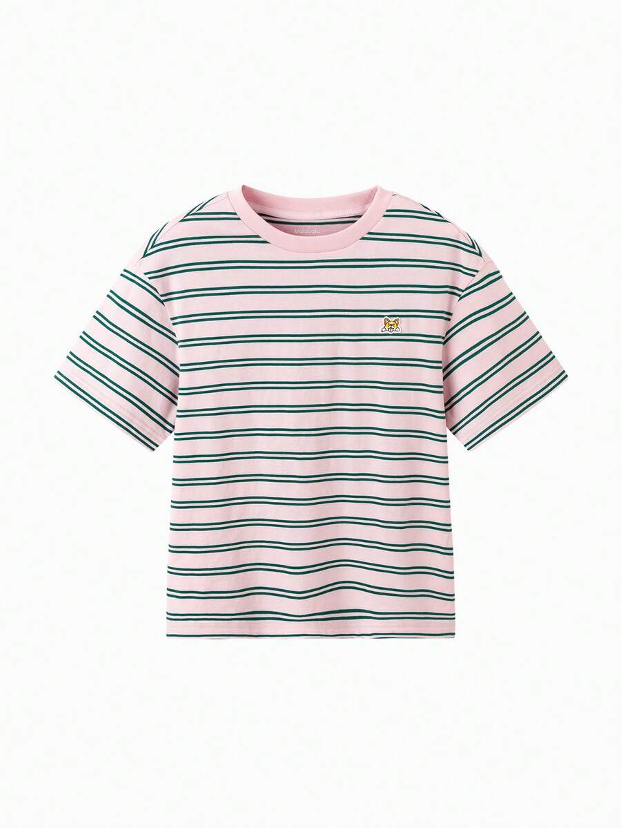 Balabala Tween Girl Short Sleeve T-Shirt, Boys & Girls, Striped Quick-Dry Fabric, Family Matching Summer Top - Red Hue - View 1