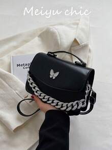Minimalist Solid Color Bowknot Design Handbag With Chunky Chain Strap Valentines - Black - View 7