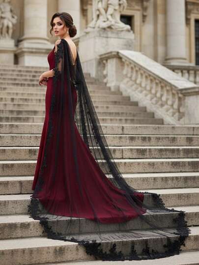 1pc Black Lace Bridal Cape With Pearl Decor, Gothic Vintage Elegant Accessory For Women, Suitable For Attending Galas, Balls, And Parties