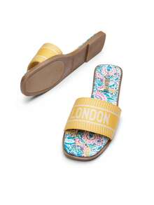 Dream Pairs Women Flat Slides Sandals Slip On Square Open Toe Jacquard Braided Fashion Slides Casual Beach Slippers Summer Vacation Shoes - 黃色 - 查看 7