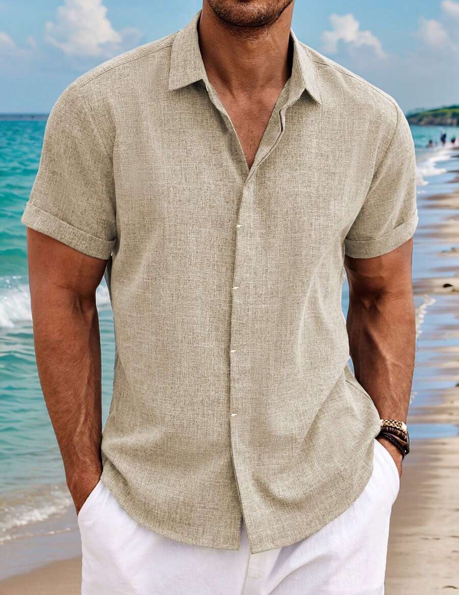 Mens Short Sleeve Linen Shirts Button Down Casual Summer Beach Tops For Daily Commute - Khaki - View 1