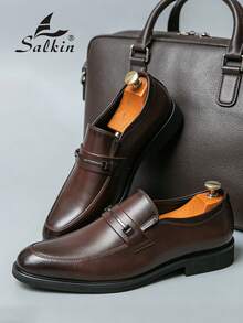 Salkin 经典复古风格男士一脚蹬乐福鞋，优雅绅士皮鞋，纯色透气鞋面，防滑鞋底，适合日常休闲、商务、正式场合、毕业典礼、婚礼、派对、春夏/秋季，建议订购大一码正式/商务正装 - 棕色 - 查看 7
