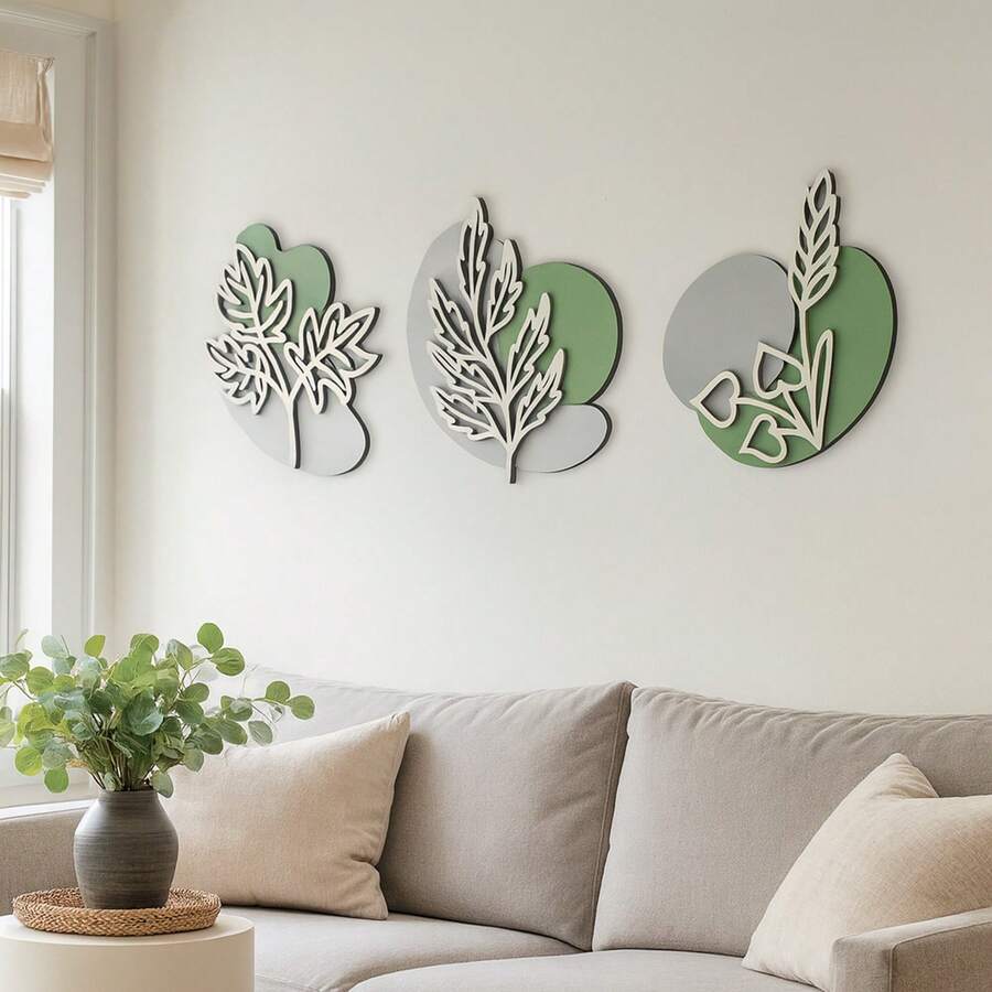 Wood's House Set Of 3 Abstract Decorative Leaf Wall Art Panels In MDF For Living Room, Bedroom, Or Office - Grey - View 1