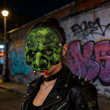 Dark Humor Style: Green Vein Demon Mask, Halloween Party Prop, Decaying Skin Texture Design PU Material Mask - Multicolor - View 1