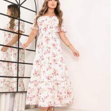 Women's Dress, All-Over Leaf Print, Boho Style, Fabric, Hem With Ruffles, Gathered Ruffles, Long Style, Beach, Night, Birthday Party, Baby Shower, Garden, Photoshoot - 米色/花色 - 查看 4