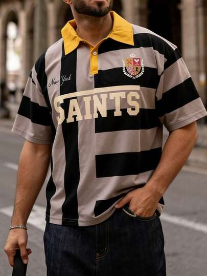 YUNCHIC Men's Retro American Style Contrast Color Striped Polo Shirt, Loose Fit Short Sleeve, Fashionable And Versatile For Summer