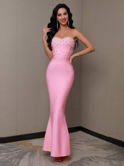 New Arrival Women's Sexy Pink Strapless Pearls & Beads Embellished Wedding Holiday Party Dress Bandage Evening Gown Dress