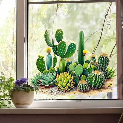 Muursticker met tropische groene planten en cactussen, zelfklevende PVC-sticker voor slaapkamer, hal en huisdecoratie, onregelmatige vorm, huisstickers
