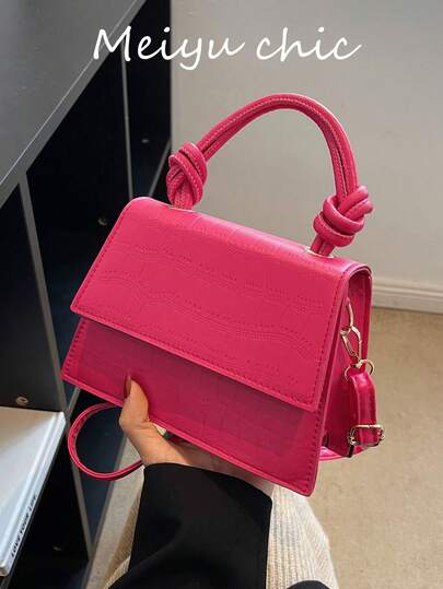 輕便商務休閒迷你鱷魚壓紋霓虹粉紅色翻蓋方形包適合少女女大學生、菜鳥和白領，非常適合辦公室、大學、工作、商務、通勤、戶外、旅行、郊遊