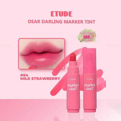 ETUDE Dear Darling 唇彩 04 牛奶草莓，保湿持久唇彩，高显色度唇线笔，精准笔尖，易于涂抹，柔滑哑光妆效，不晕染，缎光显色效果，纯素配方，韩国化妆品，3.5克/0.12盎司。