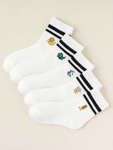 Random 1/5 Pairs Of Children's Socks Cartoon Fun Printed Socks Set Monkey Banana+Dinosaur+Shark+Coffee Lady Cute Pattern, Parallel Bar Design Student Socks Essential For Children - Multicolor - View 9