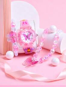 3件套女孩礼物：3D蝴蝶软硅胶表带儿童手表、创意LED发光石英学生手表、奢华公主亚克力蝴蝶项链手链首饰套装 - 粉色 - 查看 2