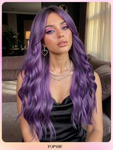 Peluca rizada de 26 pulgadas de color púrpura de estilo europeo y americano de TOPSHE, con diseño de olas grandes, cabello sintético resistente al calor, adecuada para uso diario, fiestas, cosplay, carnaval, Año Nuevo, bodas y otras ocasiones, disfraz de carnaval para mujeres - Morado - Ver 2
