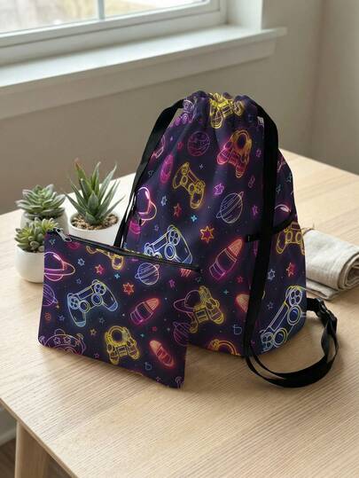 1pc/2pcs Set, Game Console Graphic Print Drawstring Sports Backpack, Drawstring Gym Bag, Large Capacity Lightweight Storage Bag, Suitable For Fitness, Travel, Swimming, Beach, Gym Training, Portable Fitness Accessories