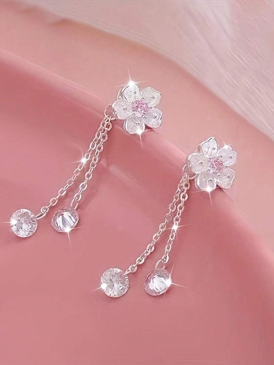 1 Par de Brincos Longos com Borla Floral Fofa e Doce em Prata Esterlina S925, Brincos Florais Delicados e Femininos para Uso Diário