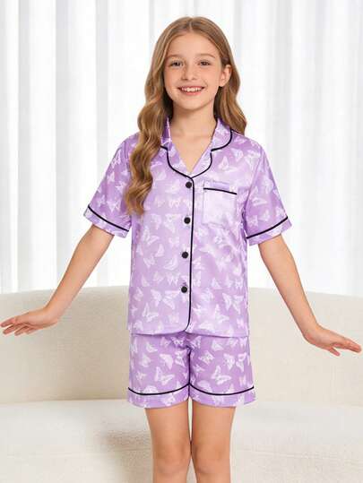 2pcs Tween Girl Purple Butterfly Print Short Sleeve Shorts Pajama Set