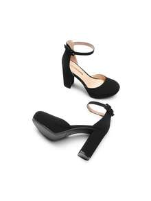 Women's Platform Chunky High Heels Closed Toe Block Ankle Strap Dress Bridal Party Wedding Shoes - Nubuck đen - Xem 7