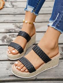 Women's Straw Wedge Rope Open Toe Slippers, Thick Sole Elevated Summer Outdoor Sandals - Black - View 5