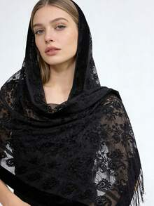 1pc Black Elegant Velvet Fashion Versatile Unique Charming Long Tassel Shawl Scarf, Suitable For Evening Party - Black - View 8