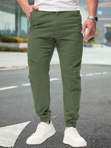 Shendy Vendy Pantalones Jogger Con Puños Y Cintura Elástica Con Cordón Y Bolsillos Inclinados Sueltos Para Hombre - Verde militar - Ver 1
