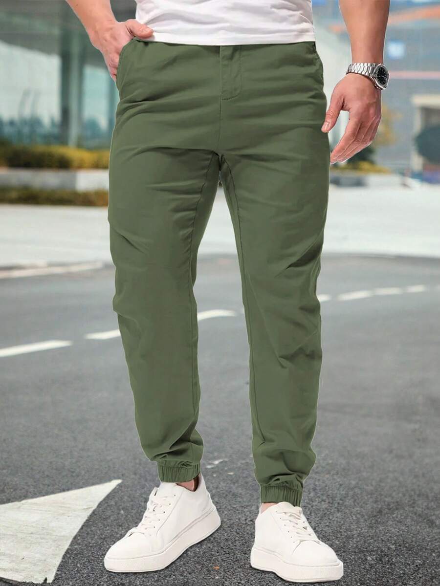 Shendy Vendy Pantalones Jogger Con Puños Y Cintura Elástica Con Cordón Y Bolsillos Inclinados Sueltos Para Hombre - Verde militar - Ver 1