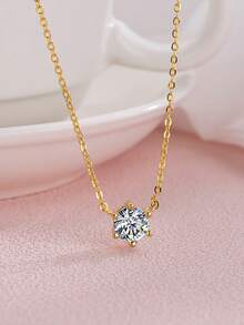 1件S925纯银极简主义立方氧化锆圆形吊坠项链，百搭精致女士颈链 - 圓形 - 查看 5