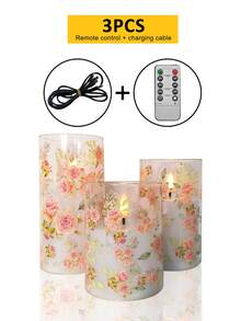 3pcs Set: LED Flameless Candle Lights With Remote Control/Timer, Type-C Charging Cable, Printed Wax Cup Candles, Suitable For Desktop Decor, Gifts For Christmas, Halloween, Valentine's Day, Mother's Day, Birthday, Proposal, Wedding, Dining Table, Party, Holiday Atmosphere Decoration - Rose Style - View 13