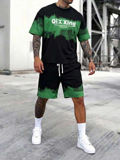 2pcs Men's Set: Round Neck Black & Green Tie-Dye Letter Print Short Sleeve T-Shirt, Drawstring Waist Matching Tie-Dye Trim Shorts, Machine Washable, Casual American Street Style, Black Outfit Suitable For Daily Commute And Summer Wear