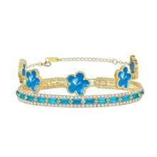 Gold Bracelets for Women 2Pcs Stackable Gold Bracelet 18K Gold Plated Enamel Bane Floral Bracelet Set Trendy Gifts for Women - oro azul claro - Ver 2