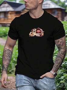 1 camiseta de algodón para hombre de verano con estampado de perro observando pollo asado. Camiseta casual de manga corta con cuello redondo. Tejido de punto transpirable. Corte Regular para Adultos - Negro - Ver 7