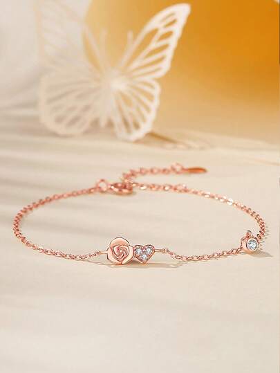 1pc S925 Sterling Silver Sweet Cute Rose Flower Bracelet, Lovely Floral Pendant Necklace, Birthday Gift For Best Friend, Thoughtful Party Favor