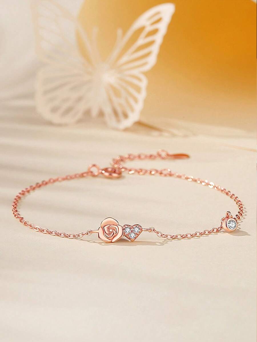 1 Peça Pulseira de Flor de Rosa Doce e Fofa em Prata 925, Colar Pendente Floral Adorável, Presente de Aniversário para Melhor Amiga, Lembrança Atenciosa para Festa