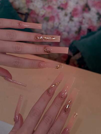 24 piezas Uñas postizas acrílicas largas y cuadradas, uñas postizas sólidas XXL/XXXL con decoración de ondas de agua, diseño de piedras preciosas 3D doradas de colores, estilo lujoso y de moda Y2K, superficie brillante, uñas postizas de cobertura completa para uso diario de mujeres y niñas