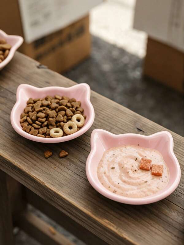 2pcs Pink Cat Shaped Pet Bowls, Freeze-Dried & Canned Snack Dishes, Low-Legged Flat Rim Design To Avoid Whisker Irritation And Chin Staining, Suitable For Multi-Cat Households, Easy To Clean High-Quality Cat Feeding Set, Must-Have For Cat Lovers