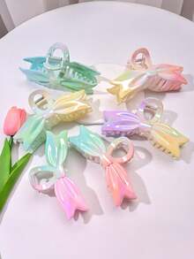 1个/3个/6个 花卉印花休闲ABS塑料电镀渐变浪漫蝴蝶结发爪夹，弹簧侧马尾夹 - 彩色 - 查看 3