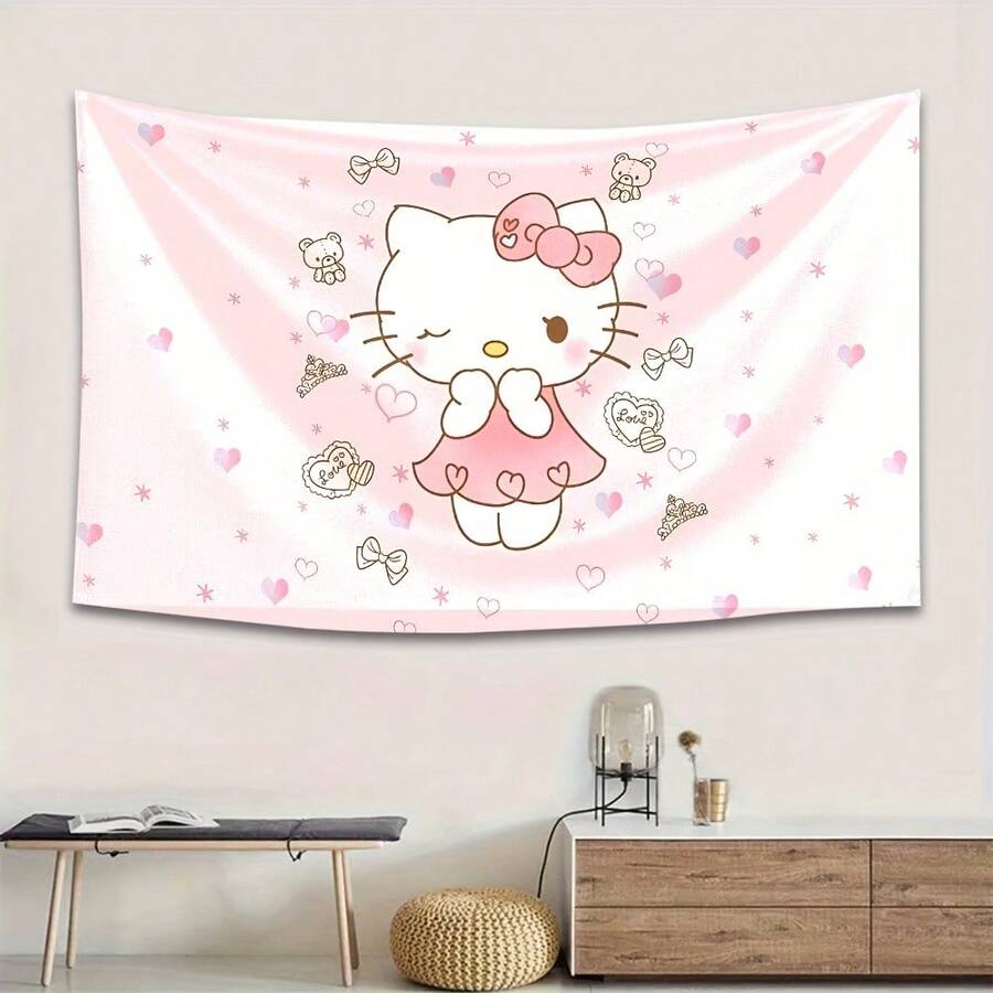 SANRIO 1面Hello Kitty粉色主题可爱数码印花旗帜,适用于室内家居和车库背景墙装饰、户外广告、节日派对挂帘,带金属孔眼 - 彩色 - 查看 1