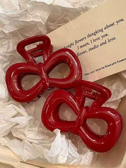2/1 Women's Red 6cm/2.36 Red Bow Plastic Claw Hairpin With Stylish, High-End Elegance And Simple Solid Color Hair. Suitable For Daily Leisure, Party, Commuting, Vacation, Hair Care, Makeup, Matching Clothes And Other Scenes. Women's Claw Hairpin Hair Bag