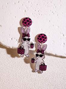 Pink Snail 原创设计手工闪亮树脂耳环，趣味可爱兔子佩戴时尚眼镜和蝴蝶结吊坠耳环，吸睛吸睛，适合女性和女孩，是夏季、冬季、假日、海滩派对的理想礼物。 - 蝴蝶結戴墨鏡的兔子 - 查看 8