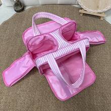 Checkered Toiletry Bag,Large Capacity Water-Proof Plaid Cosmetic Bag,Women Multi-Partitions Makeup Bag,Dust-Proof Wide-Open Puffy Organizers For Travel Accessories , Portable Travel Bag With Strap For Putting On Suitcase - 條紋-亮粉紅色 - 查看 1