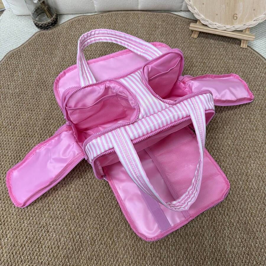 Checkered Toiletry Bag,Large Capacity Water-Proof Plaid Cosmetic Bag,Women Multi-Partitions Makeup Bag,Dust-Proof Wide-Open Puffy Organizers For Travel Accessories , Portable Travel Bag With Strap For Putting On Suitcase - 條紋-亮粉紅色 - 查看 1
