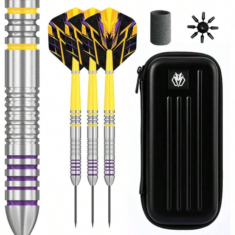 Darts Metal Tip Professional Steel Tip Darts, With 3 Dart Metal Barrels 3 Dart Wings 3 Interchangeable Plastic Shafts 12 Rubber O - Rings 1 Dart Sharpener - Yellow - View 1