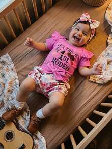 Western Baby Girl Clothes Cowgirl Summer Clothes Letter Boots Cow Print Crew Neck Short Sleeve Romper Shorts And Bow Headband 3 Pcs Set - 玫紅色 - 查看 5