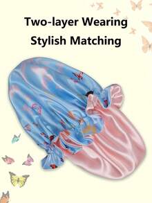 1顶双面缎面蝴蝶图案女士睡帽 - 淺藍 - 查看 5