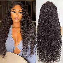 VIOLLY 200顶高密度蓬松卷曲波波头假发，带婴儿绒毛，无需胶水即可佩戴，5x5预剪蕾丝前额闭合假发，预先拔毛，预先漂白发结，深卷曲耐热纤维合成混纺人发假发，带婴儿绒毛，自然黑/棕色假发 - 1B# - 查看 8