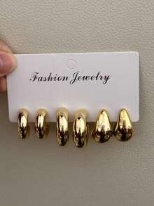 3 Pairs Gold Tone Earring Set, Teardrop & Hoop Design, Gift For Friends & Girlfriends - Gold - View 3