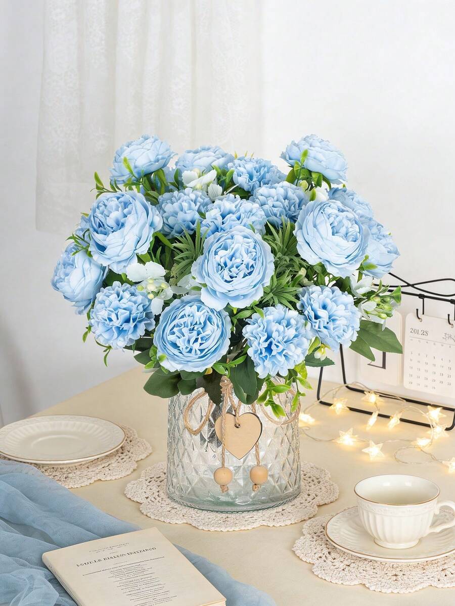 1pc Artificial Peony Flower Hydrangea Decor Accessory, Vase Filler, Wedding Bouquet, Garden Rose Arch, Living Room Decoration, New Year Decor, Valentine's Day Gift - Baby Blue - View 1