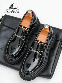 Salkin 新款英倫風設計男士粗齒厚底樂福鞋，平價奢華厚底一腳蹬樂福鞋，柔軟舒適圓頭優雅正式皮鞋，紳士商務漆皮亮面黑色純色鞋面，日常休閒鞋，適合情侶約會出遊，百搭派對宴會婚禮度假禮物，四季款男鞋，建議選擇大一號 - 漆皮黑 - 查看 9