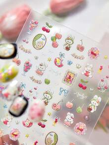 1 miếng dán móng tay hình thỏ trắng, quả anh đào, táo, nơ, khung ảnh, lấp lánh, tự làm, miếng dán móng tay. - Nhiều màu - Xem 2