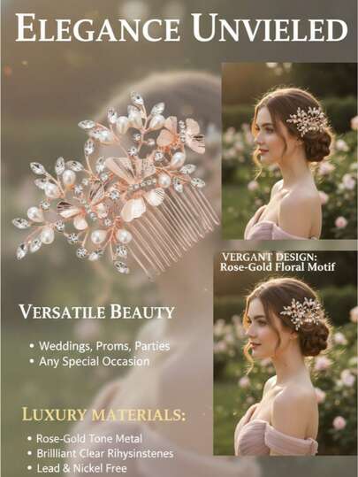 1件优雅玫瑰金花朵发梳，饰以人造珍珠和闪亮水钻 - 完美的婚礼、舞会和特殊场合新娘头饰