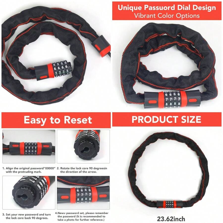 Cerradura de cadena para bicicleta, combinación de 4 dígitos reiniciable, resistente y antirrobo, con funda protectora, cadena d - 23 pulgadas - Ver 1